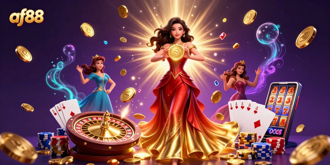 Engage in thrilling gameplay with af88, showcasing a stunning casino scene filled with a gorgeous woman holding a golden coin.