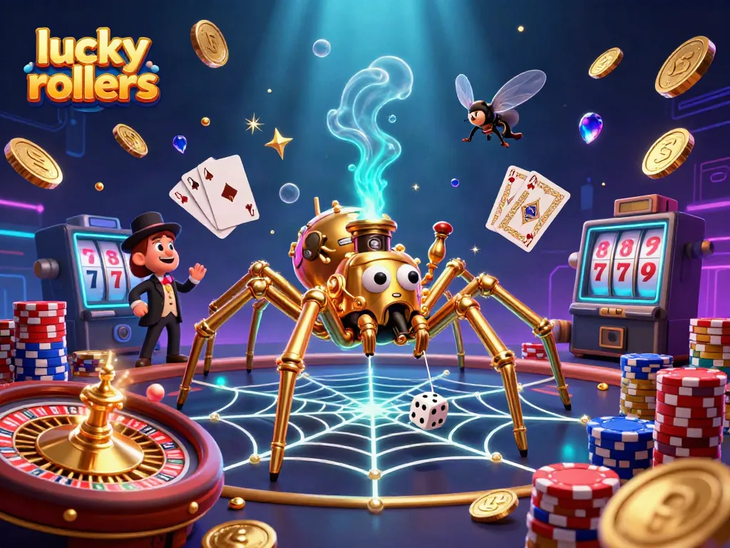 Winning with lucky rollers at a crypto casino surrounded by vibrant game elements and treasures.