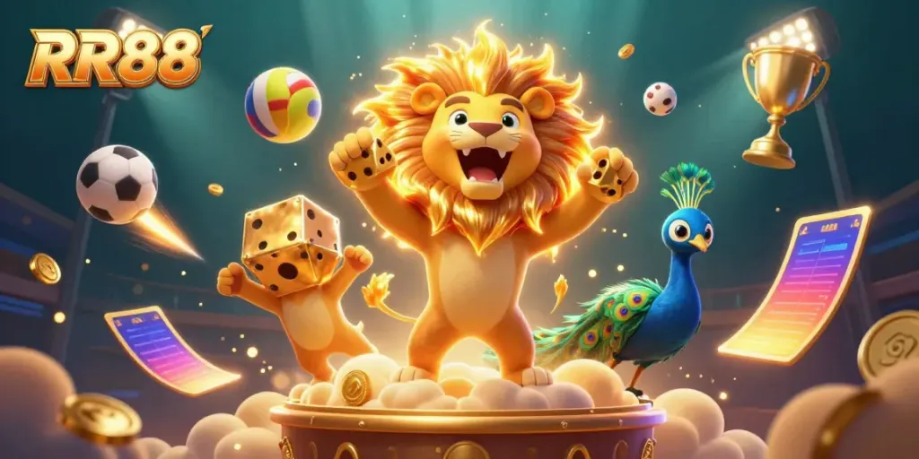 RR88 casino illustration featuring a majestic lion and dynamic sports elements, enhancing excitement for gamblers.