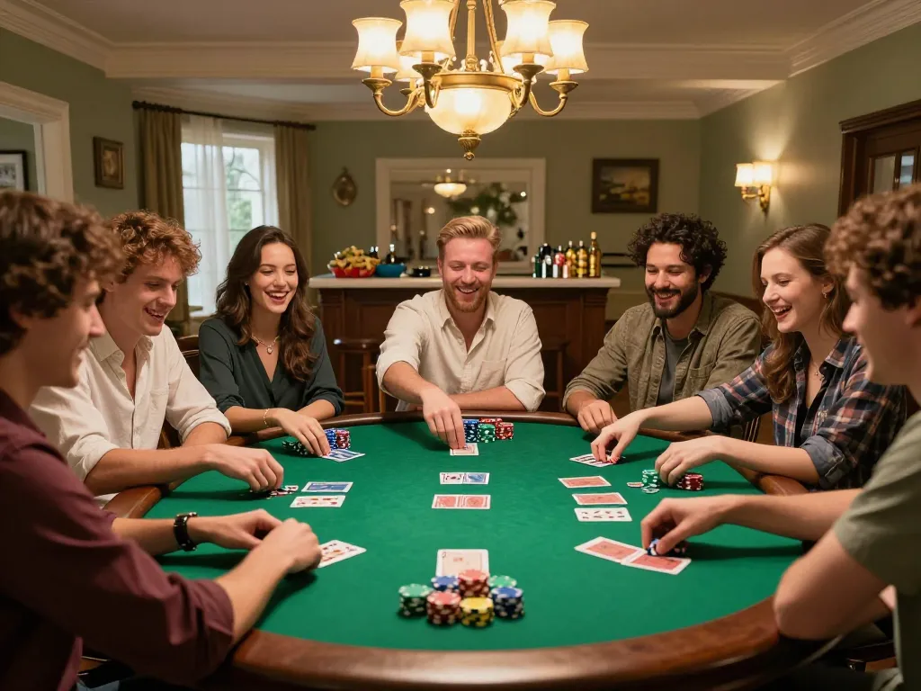 Teman-teman menikmati permainan poker yang mendebarkan dengan Gsc108 di rumah mereka, menunjukkan interaksi yang hidup dan permainan strategis