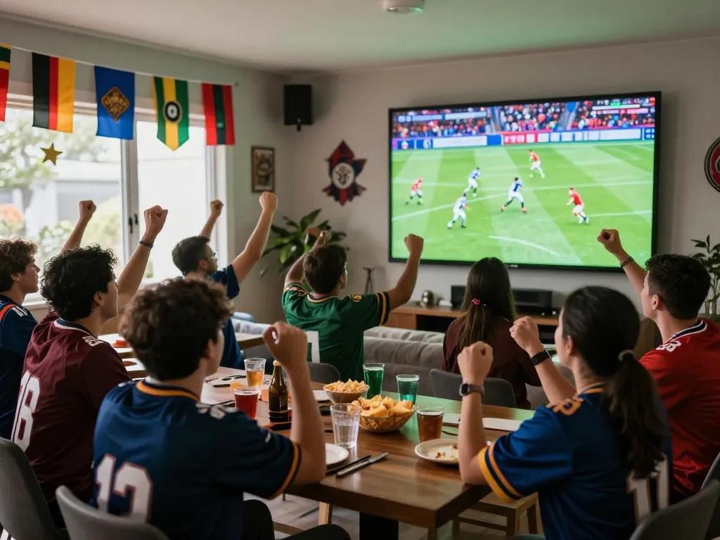 Exciting football viewing experience at a party with fans celebrating on cakhia tv.