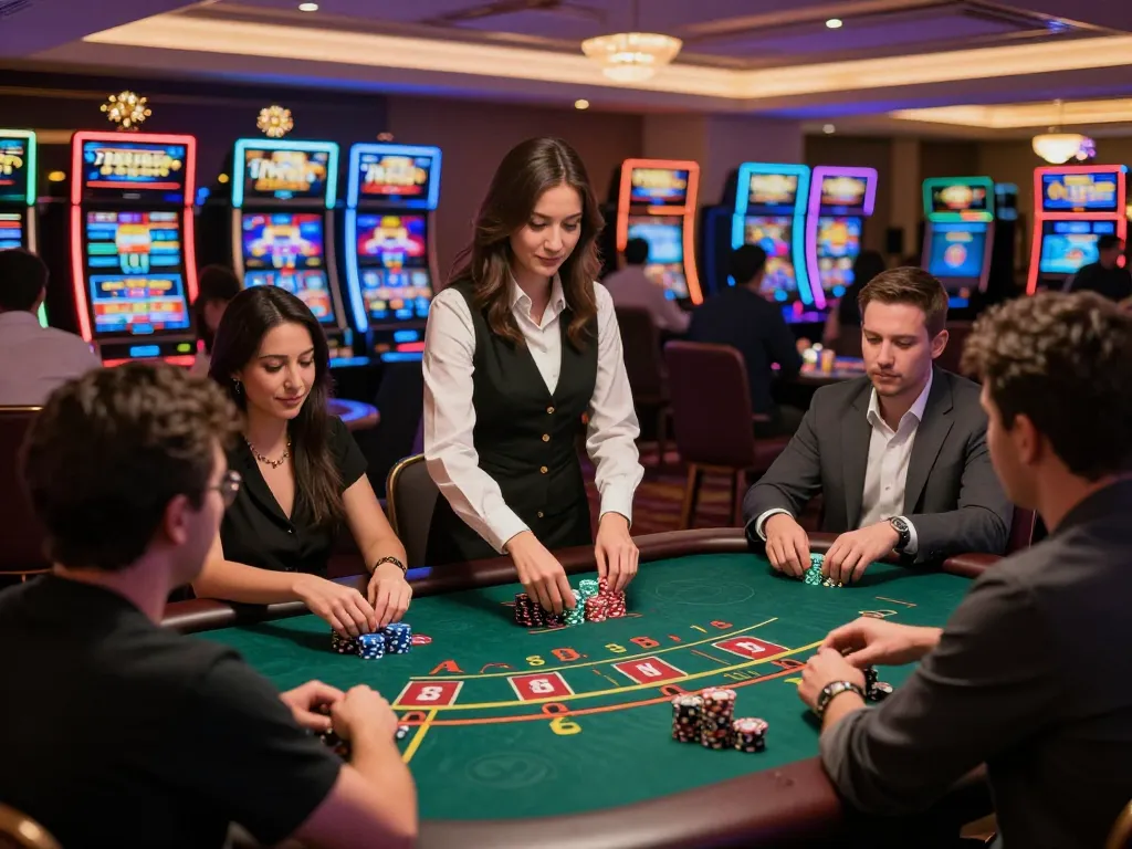 Players engaged in intense blackjack at 789win's upscale casino, vibrant atmosphere.