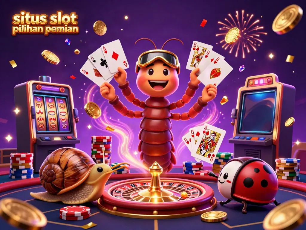Visual kaya dari situs slot pilihan pemain dengan dealer, pemain kurma besar, dan bug pil yang menggelinding di tengah tumpukan chip.