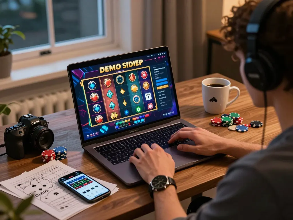 Terlibat dalam sesi permainan Demo Slot online di rumah, menampilkan pengaturan permainan dan hiburan yang bertanggung jawab.
