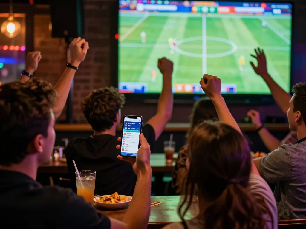 P3 enhances live sports betting experiences as friends celebrate wins using mobile apps.
