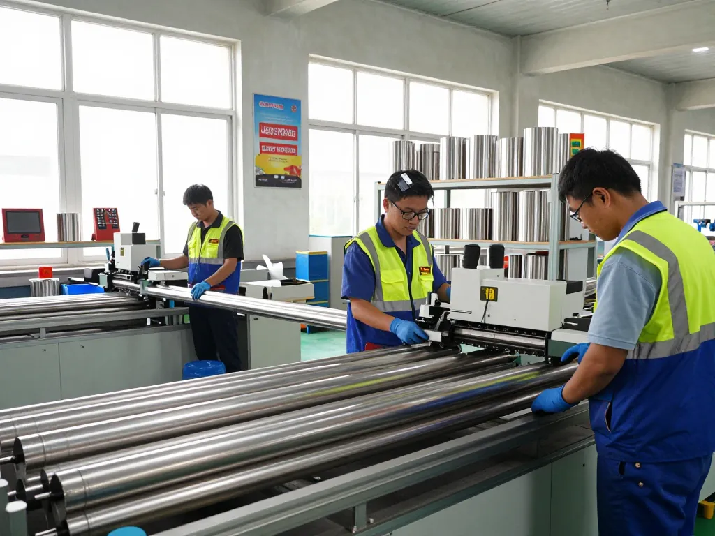 Sumwin stainless steel pipes being inspected in a modern manufacturing facility.