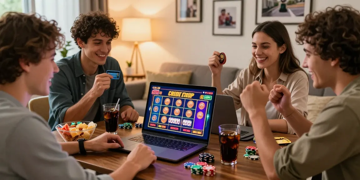 Friends enjoying an online casino game at scoarch.org.uk with vibrant graphics and snacks