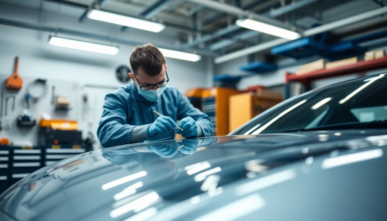 PPF Chattanooga technician expertly applying paint protection film on a luxury sports car.