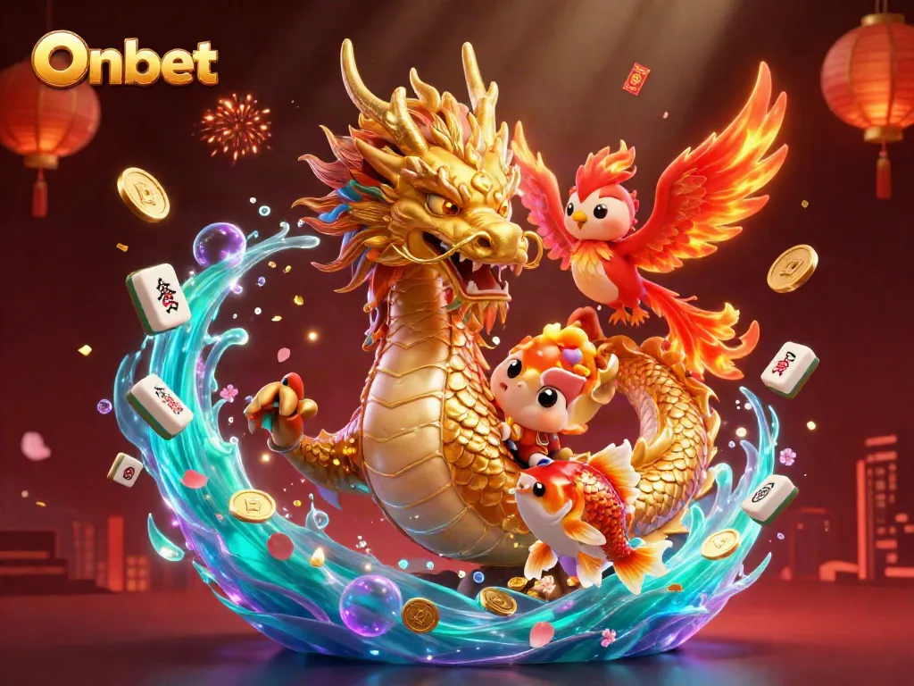 Experience thrilling gaming at Onbet with a fierce dragon, phoenix, and koi fish surrounded by vibrant casino elements.
