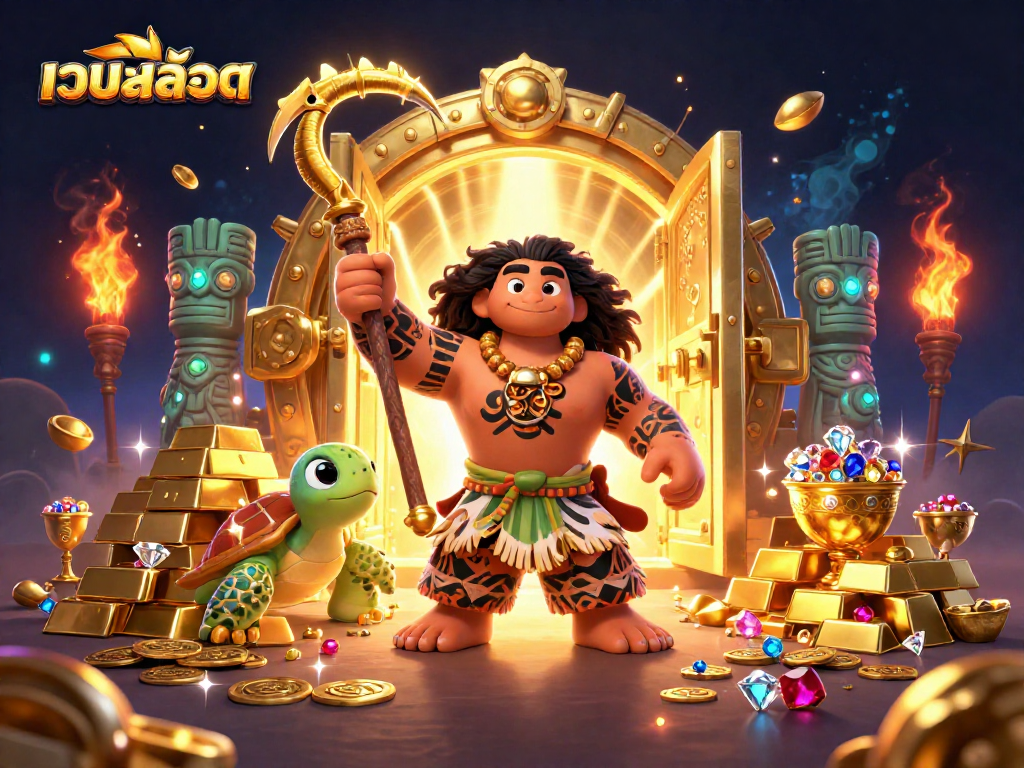 Experience เว็บสล็อต excitement with vibrant 3D demigod and treasures in this detailed scene.