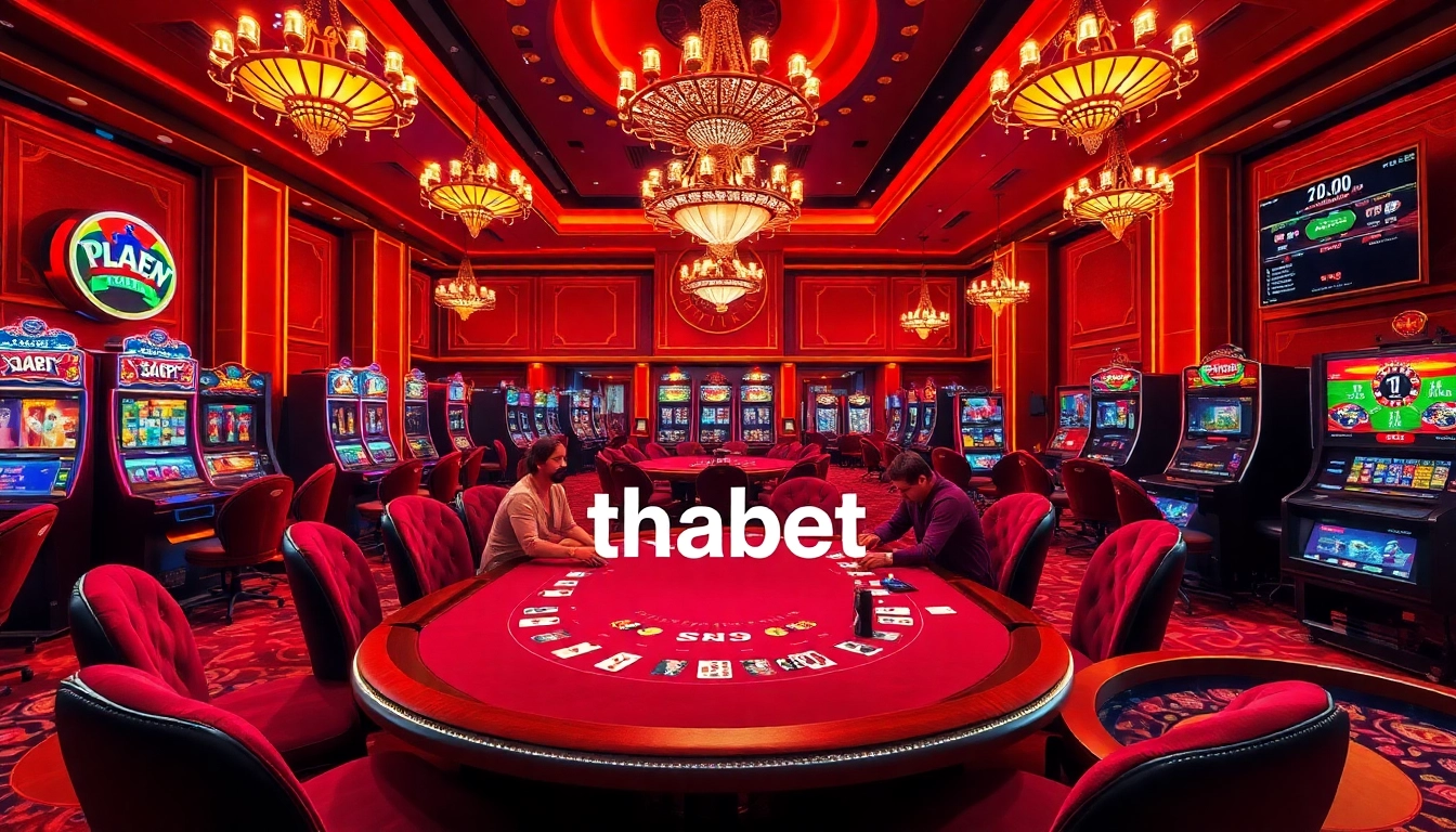 Players enjoying a thrilling poker game at Thabet's luxurious casino, surrounded by vibrant slot machines.