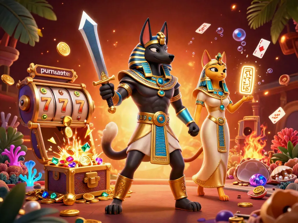 Mainkan purnatoto dengan karakter Anubis dan Bastet dalam ilustrasi kasino yang dinamis.