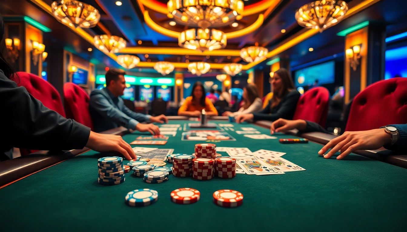 Players enjoying an exciting game at ee88 nhà cái casino table with vibrant chips and cards.