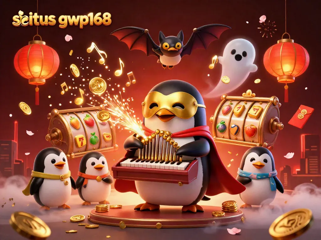 Menghadirkan situs gwp168 dengan penguin opera bermasker emas bermain organ pipa yang meluncurkan koin emas.