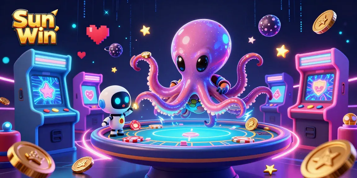 Engage in thrilling online gaming adventures with Sun Win, featuring a cosmic octopus at a holographic poker table.
