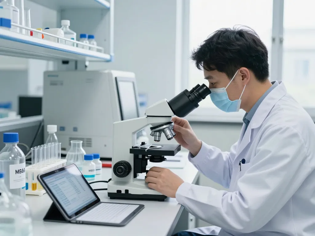 Medical researcher examining MB66 samples in high-tech lab environment