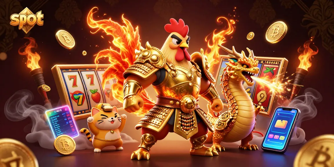 Slot menarik dengan ayam jantan bertarung dan naga, serta simbol jackpot mengelilingi mereka.