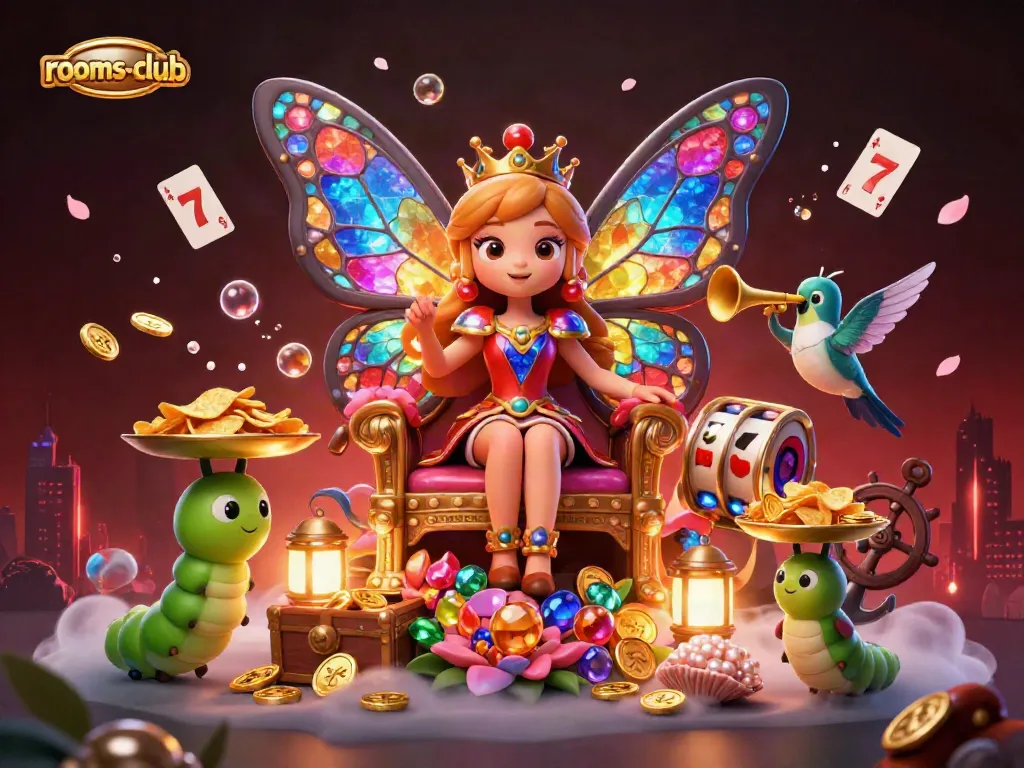 Raih kemenangan besar di rooms-club dengan ilustrasi 3D yang penuh warna dari ratu kupu-kupu dan simbol slot.