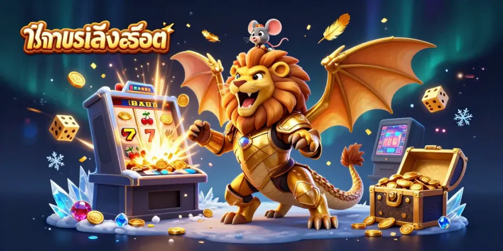 Experience the thrill of ทดลองเล่นสล็อต with our dynamic casino illustration featuring a golden chimera and exciting game elements.