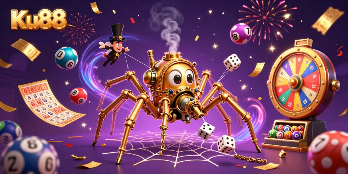 Win exciting prizes with Ku88 in this vibrant steampunk casino illustration featuring a golden spider.
