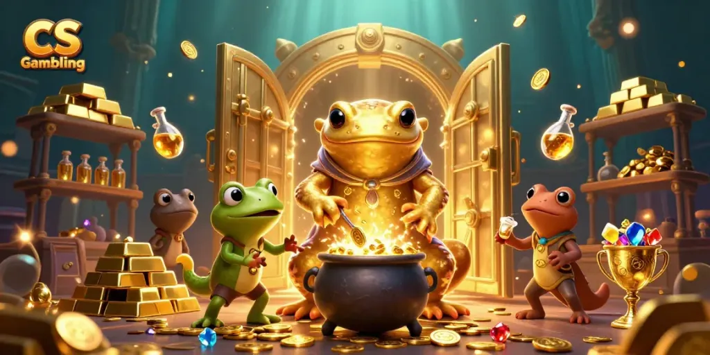 Experience CS Gambling in an enchanting 3D scene featuring alchemists and golden treasures.