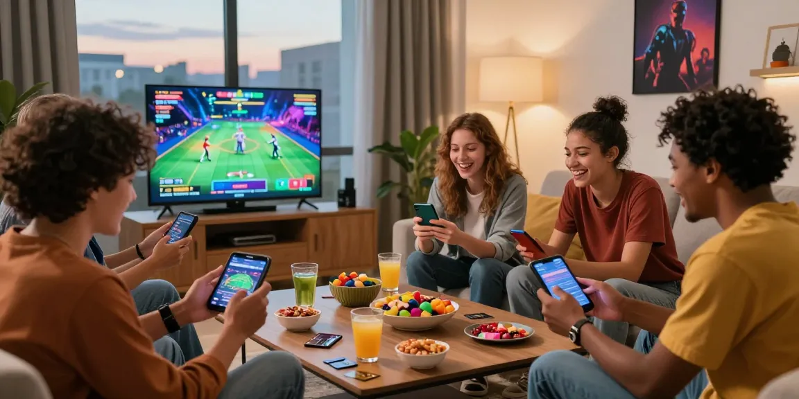 Group of friends enjoying a lively gaming night with credit card casinos, mobile devices, and snacks in a stylish living room.