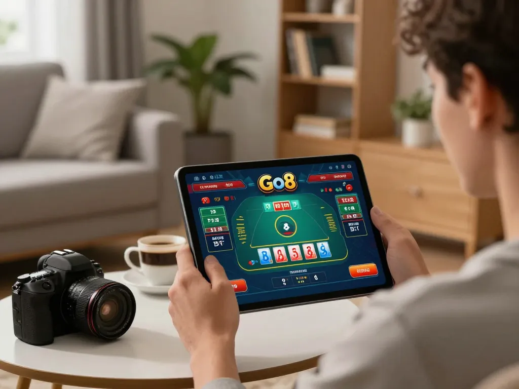 Engaging moment of playing Go8 casino on a tablet in a cozy living room setting, highlighting online gaming.