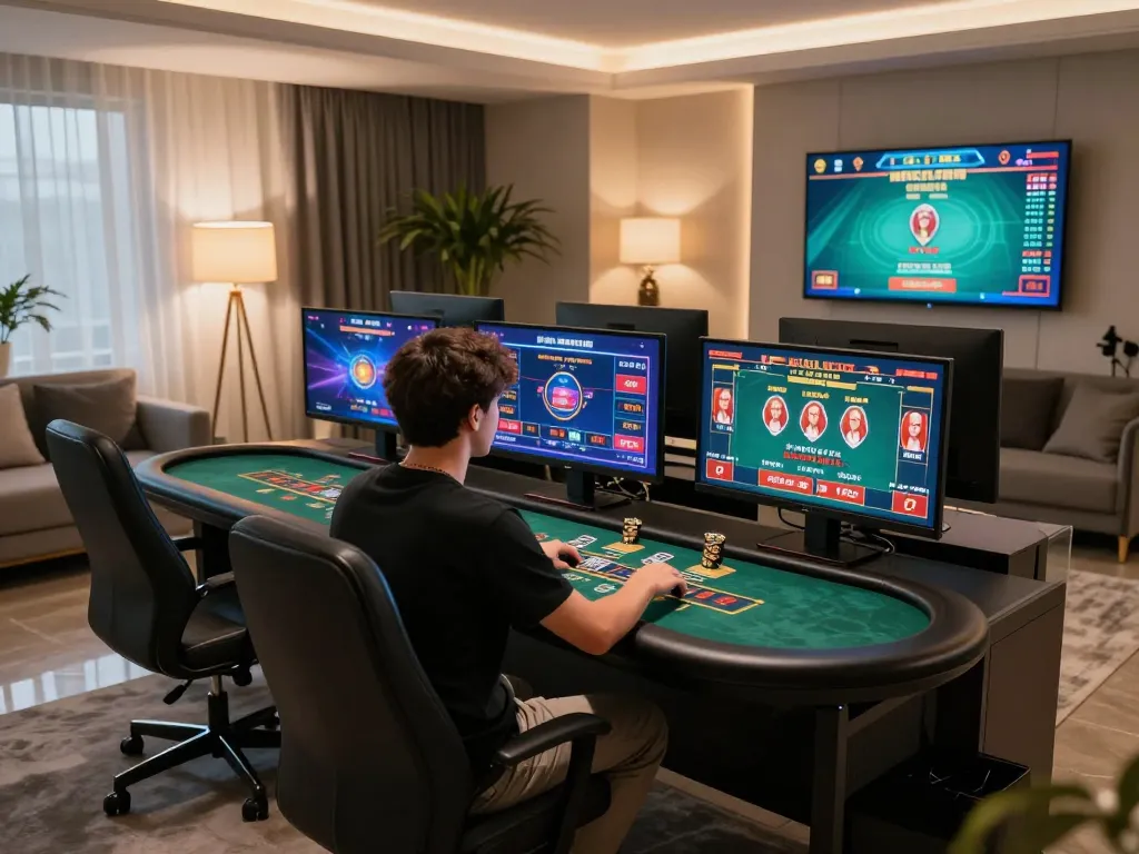 Sunwin player engaging with live dealer games on multiple screens in a stylish home setup