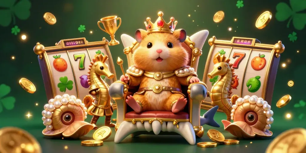 Experience thrilling สล็อต action with a fierce hamster king and dynamic slot elements in a vibrant casino setting.