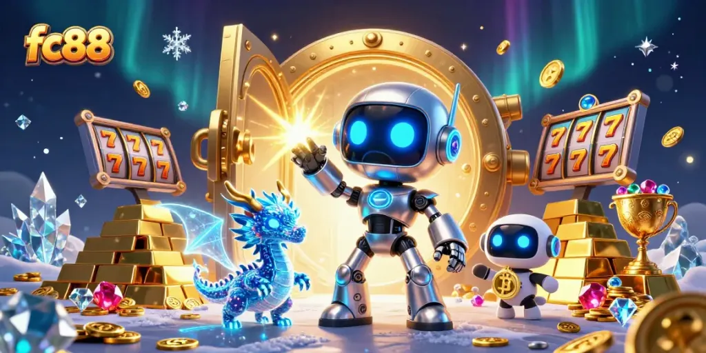 Engage with fc88's thrilling slots experience featuring vibrant neon characters and dazzling casino elements.