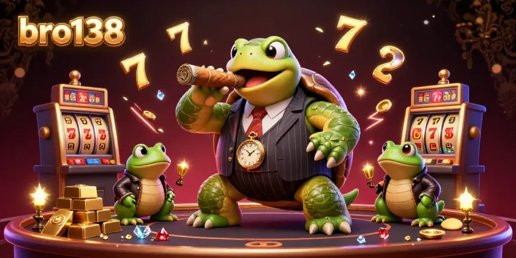 Experience vibrant gameplay at bro138 with a cartoon turtle mobster and bullfrogs among jackpot treasures.