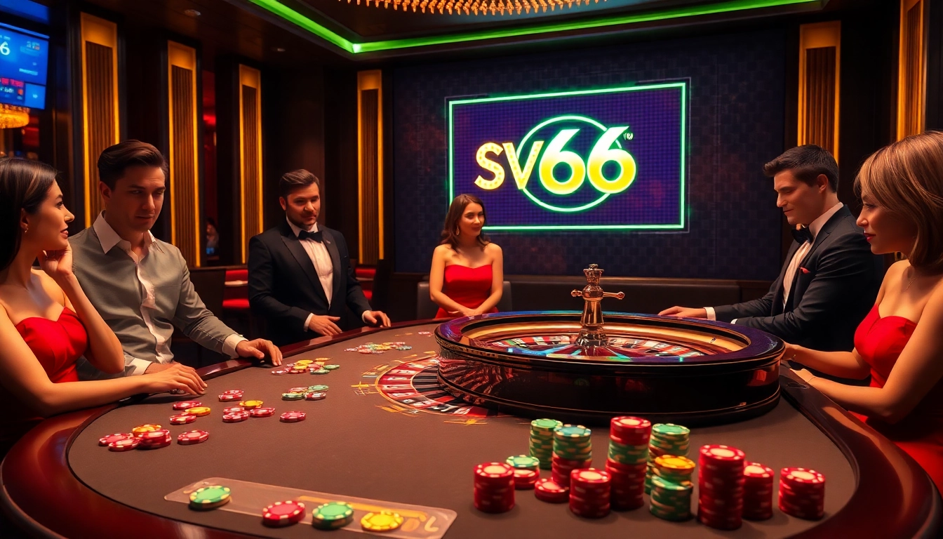 Players engaged at the SV66 poker table, experiencing high-stakes excitement in a luxurious casino.