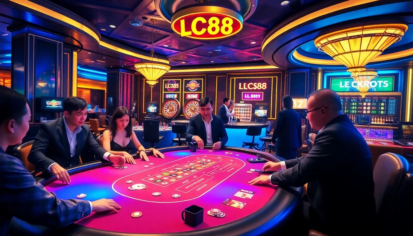 Players enjoying an exciting blackjack game at LC88's luxurious casino table.