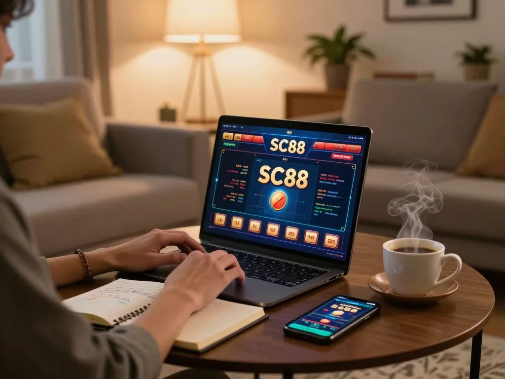 Engaging SC88 online gaming session at home with a player using a laptop