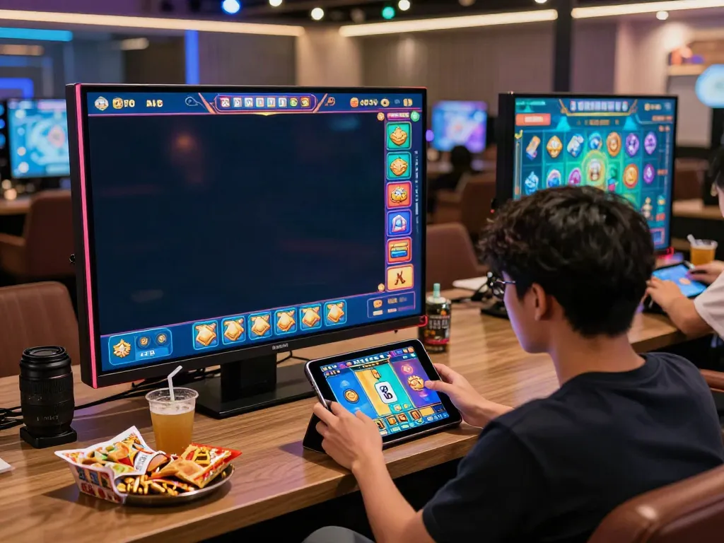 Pengguna berinteraksi dengan game Mah Jong118 di tablet dalam suasana gaming modern yang ceria.