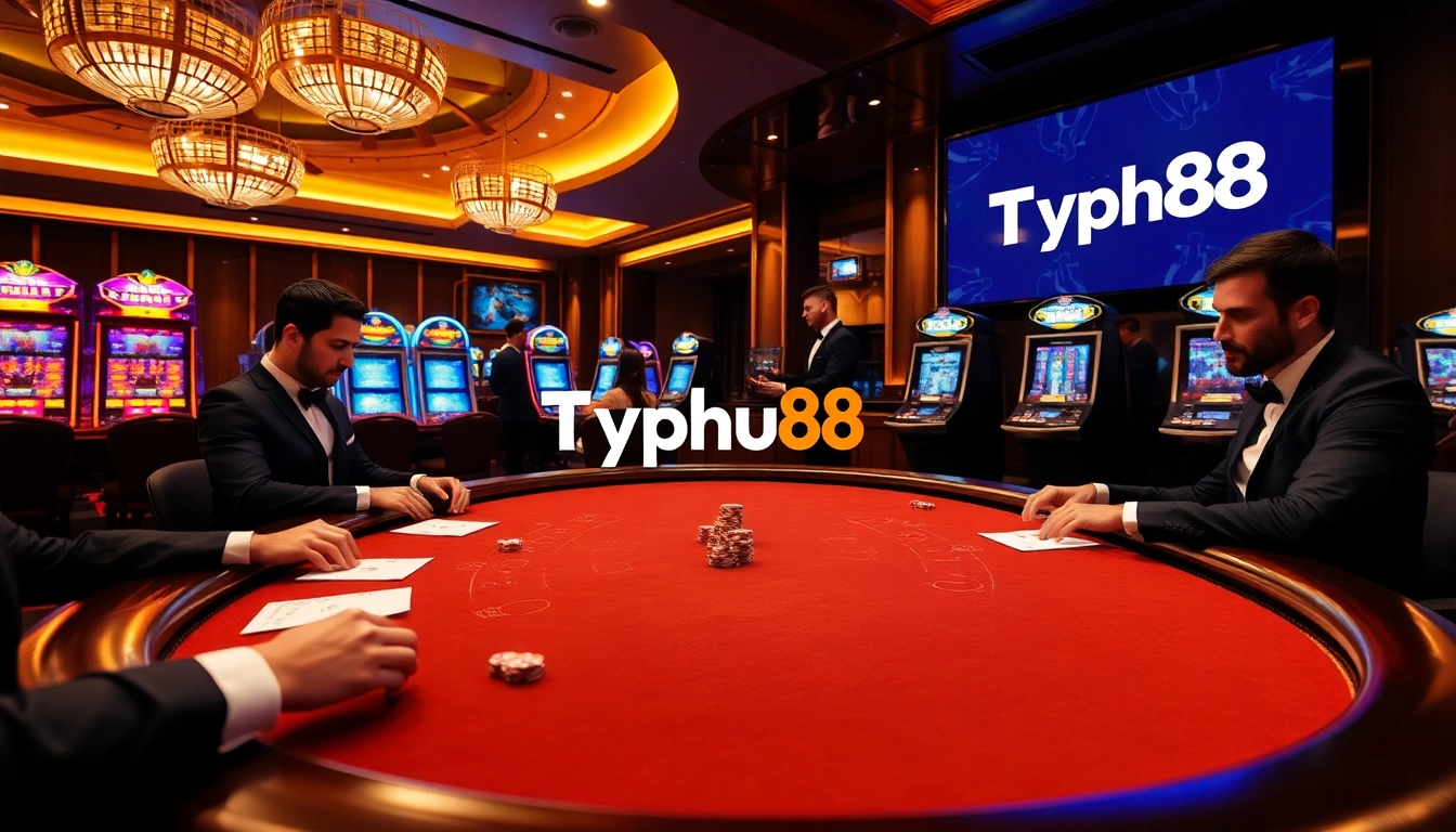 Excited players engage in a high-stakes game at Typhu88's luxurious casino.