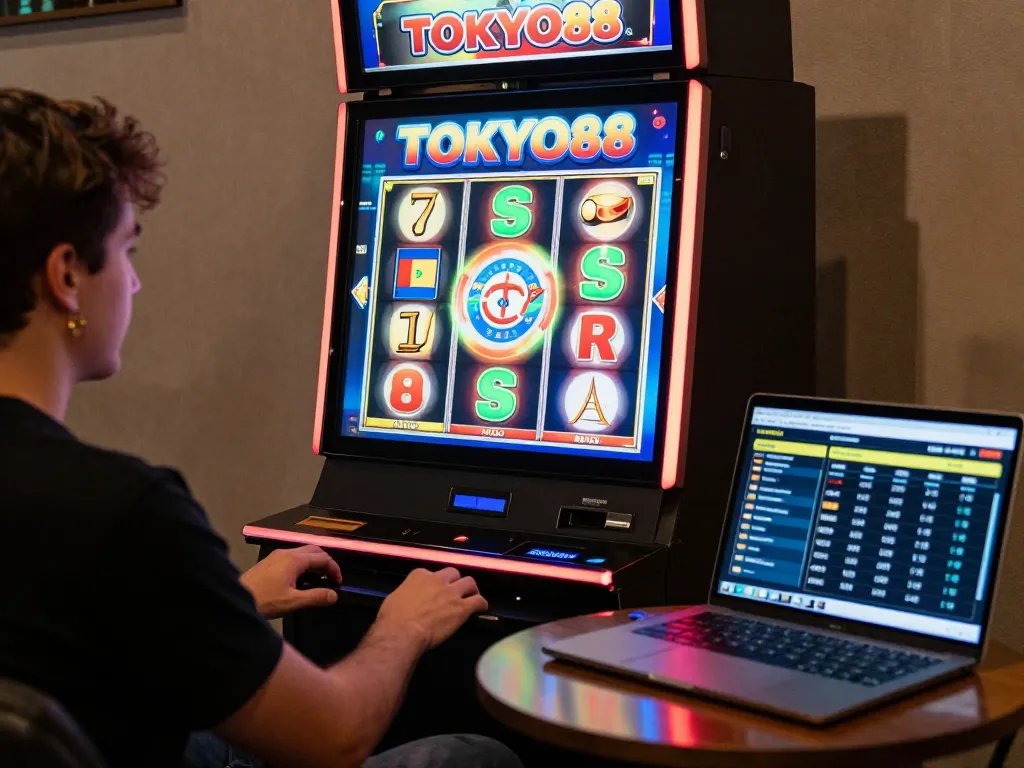 Pemain TOKYO88 menikmati putaran kemenangan di mesin slot online yang berwarna-warni.