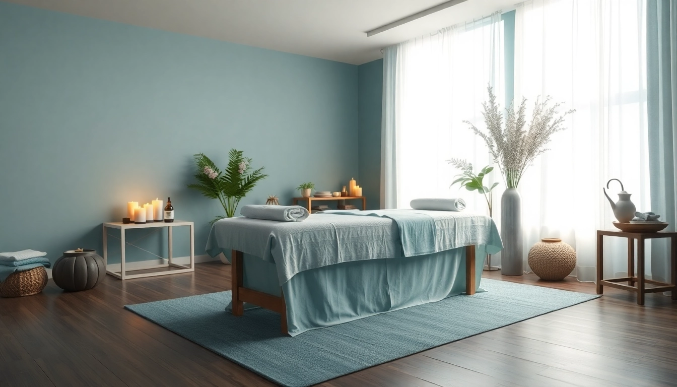 Relaxing scene of a massage therapy room promoting 동탄출장마사지 services, featuring calming decor and soft lighting.