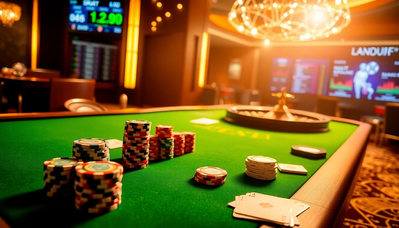 Engaging scene of kèo nhà cái odds on a luxurious casino poker table filled with chips and cards.