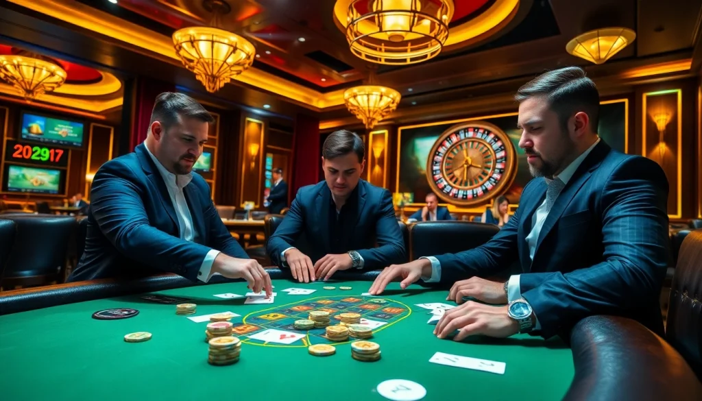 Engaged players experiencing high-stakes poker at 789win casino table, showcasing excitement and luxury.
