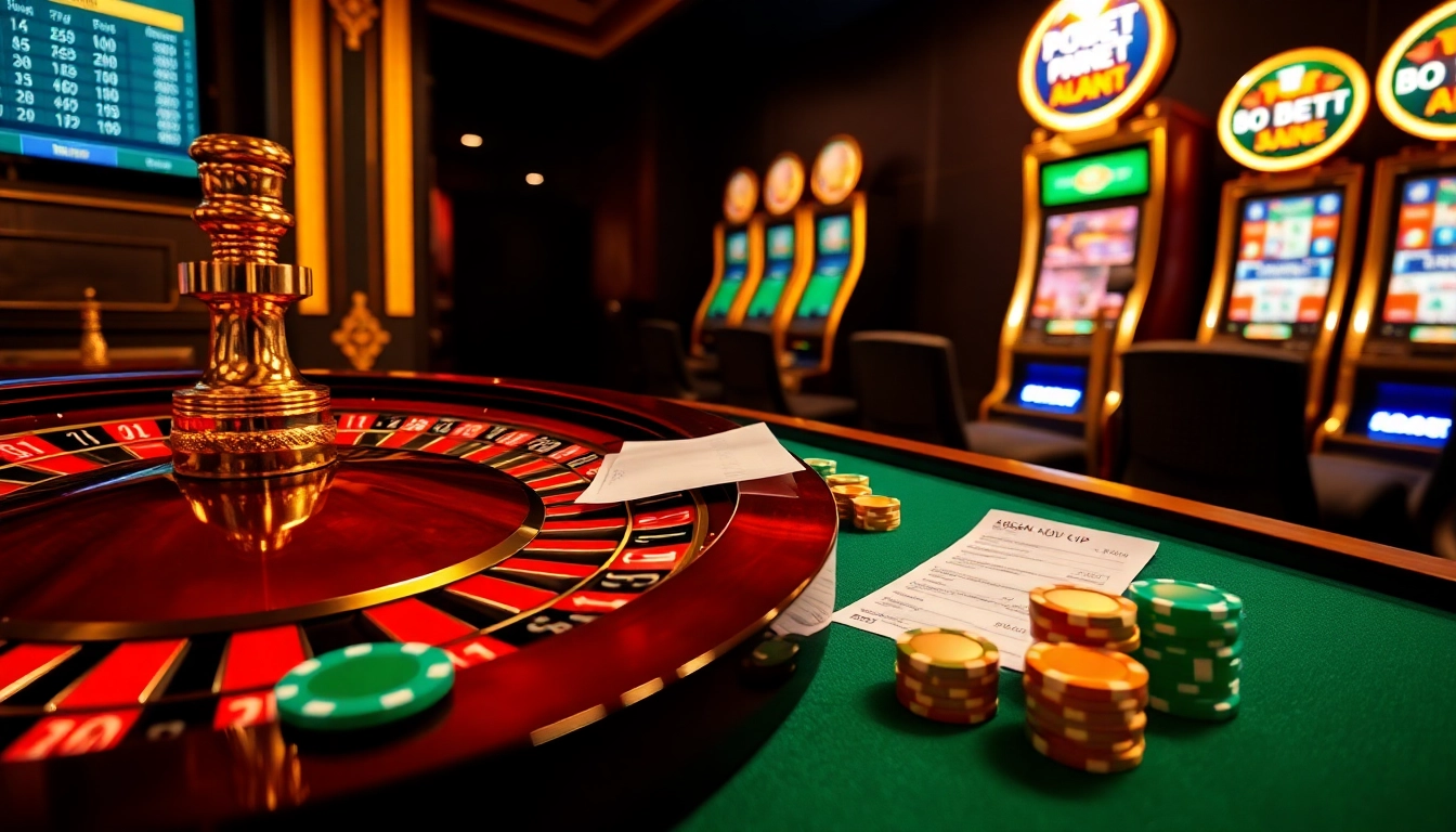 SBOBET online gambling interface showcasing a luxurious roulette wheel and colorful poker chips.