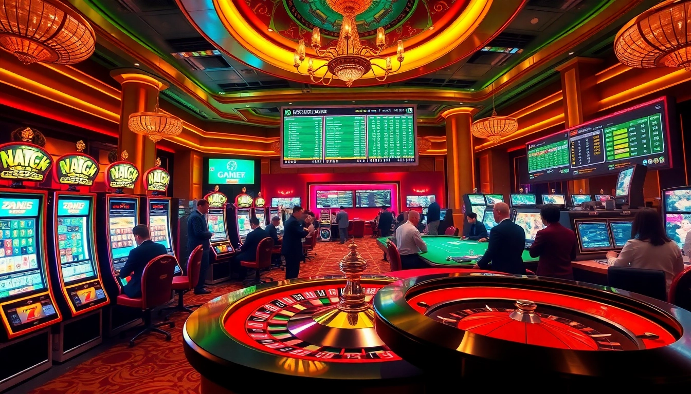 Experience the thrill of nhà cái rikbet with engaging gambling visuals of casino tables and slot machines.