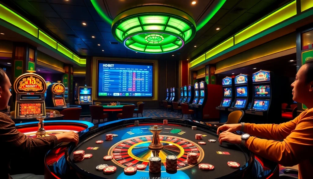 Players enjoying high-stakes games at HDBET casino with elegant decor and exciting gameplay elements.