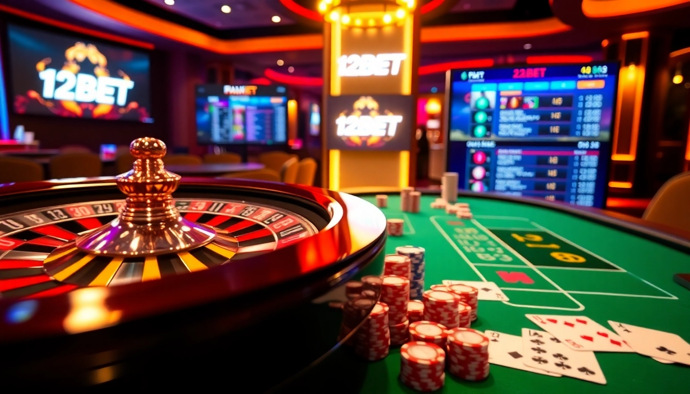 Experience thrilling gameplay at 12BET with vibrant casino tables and roulette wheels.