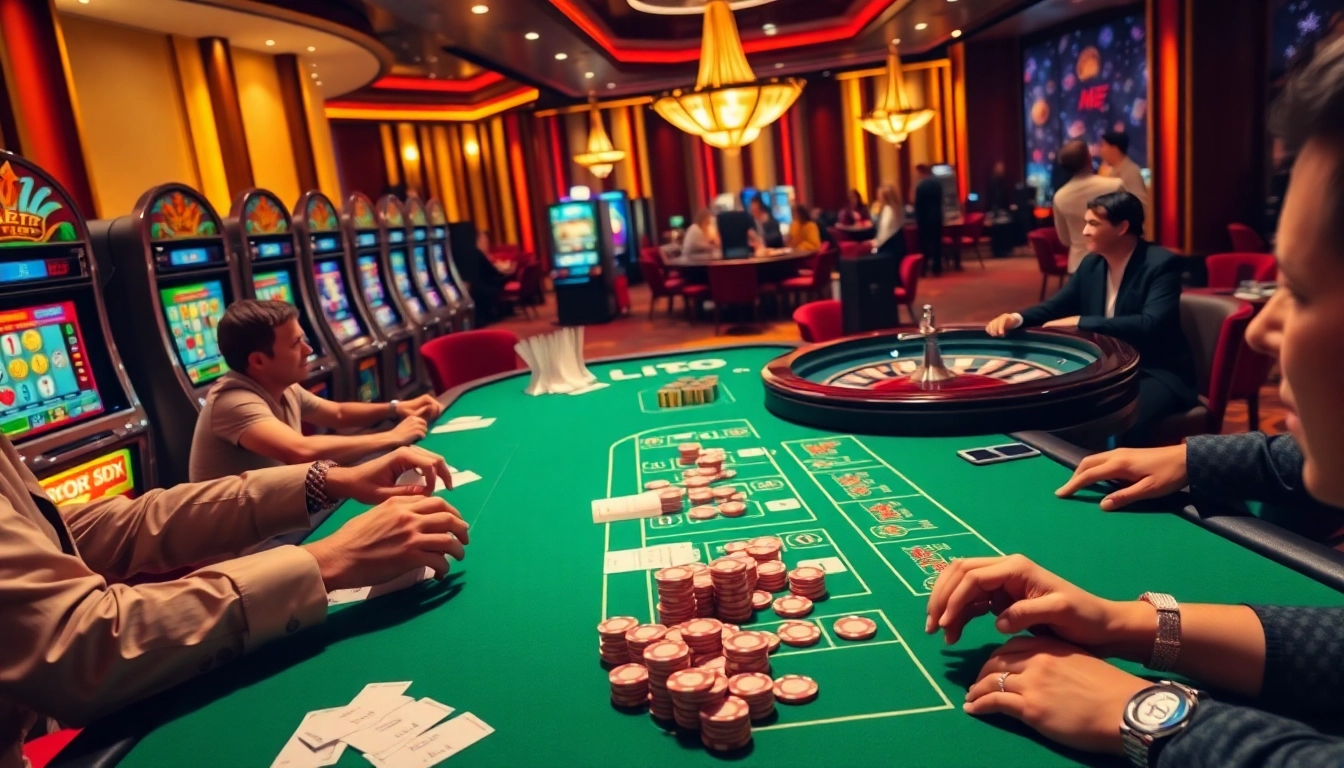 Players enjoy high-stakes action at a situs toto gaming table filled with colorful chips and betting slips.