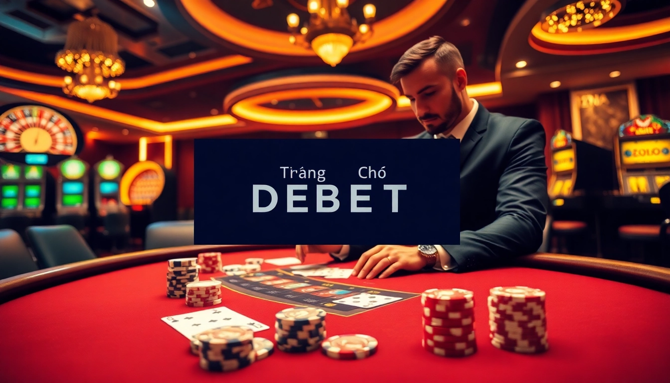 Exciting gambling scene showcasing Trang Chủ DEBET with poker chips, cards, and a dealer in a vibrant casino.