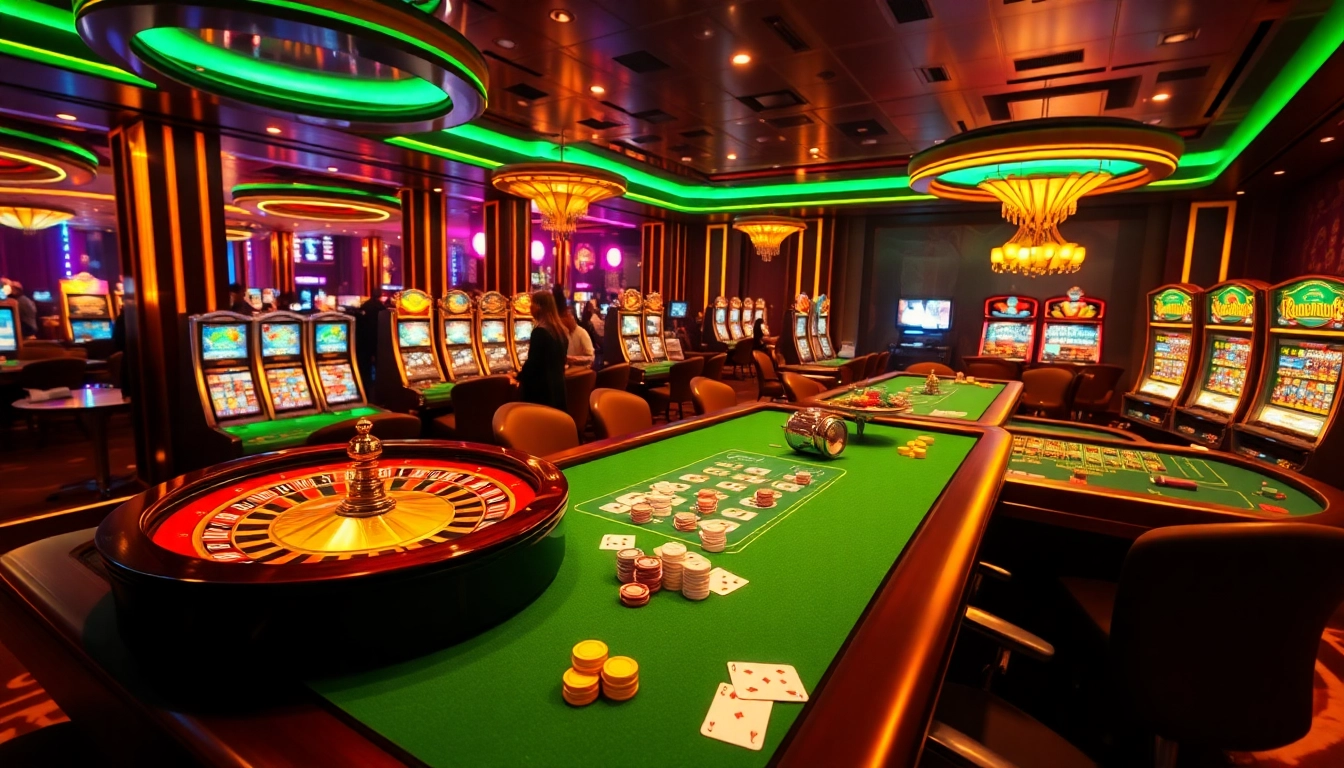 Cổng game HITCLUB showcasing a vibrant online casino environment with roulette tables and poker chips.