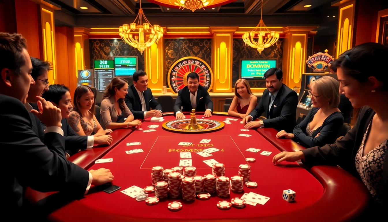 Experience the excitement of gambling with Bomwin at a stylish poker table filled with vibrant chips.