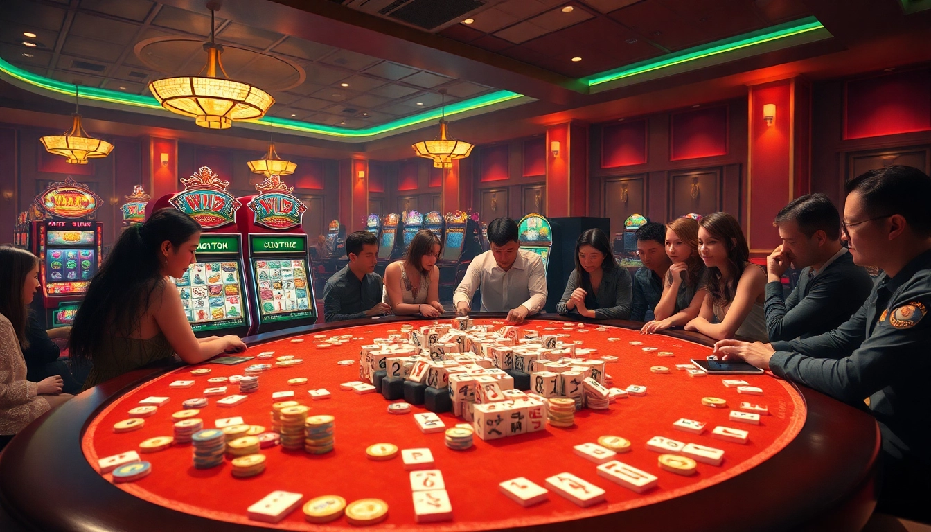 Players enjoying Mahjong Ways in a luxurious casino setting with vibrant tiles and slot machines.