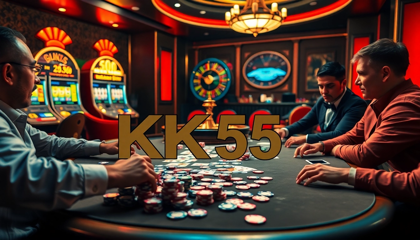 Experience thrilling gameplay at KK55's poker table with luxury casino elements and vibrant ambiance.